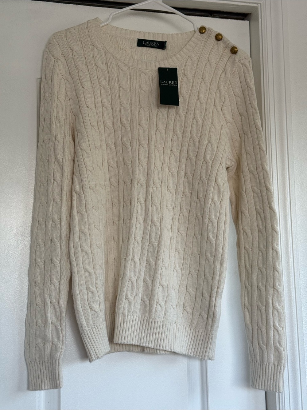 Lauren Ralph Lauren Ivory Cable-Knit Crew Sweater with Gold Buttons